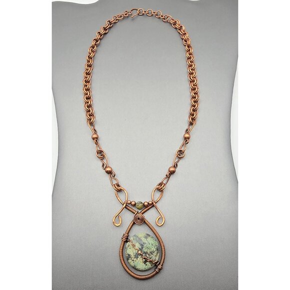 VTG Copper Wire Wrapped Jasper Pendant Necklace 18" Adjustable Length Statement - Picture 11 of 11